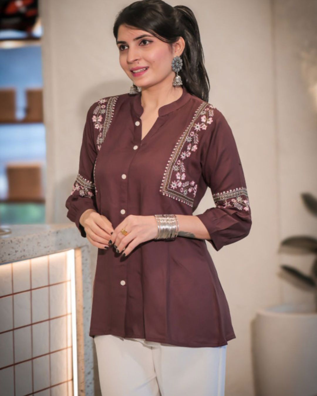 Brown Viscose Rayon Kurti for Women – Smart Casual Look