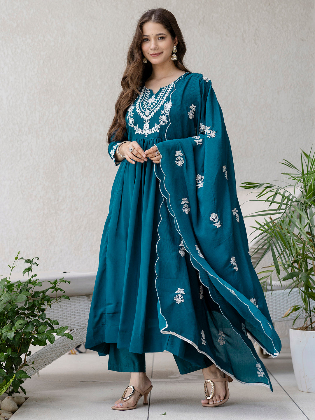Buy Women Chinon Embroidered Kurta Set Online Petrol Color S M L XL XXL 3XL - Bohorang