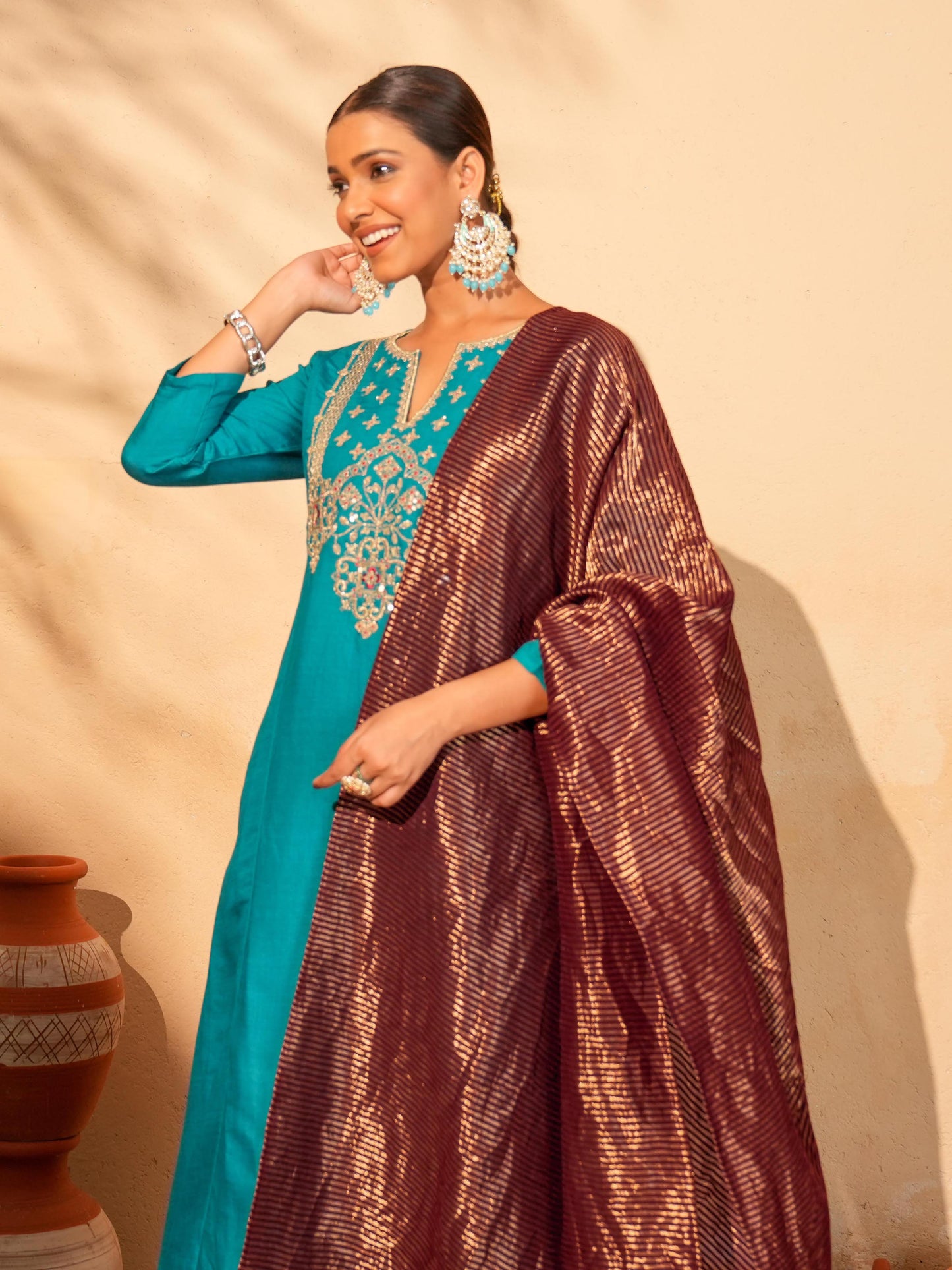 Women's Silk Slub Embroidered Kurta Set with Pant And Dupatta Sets