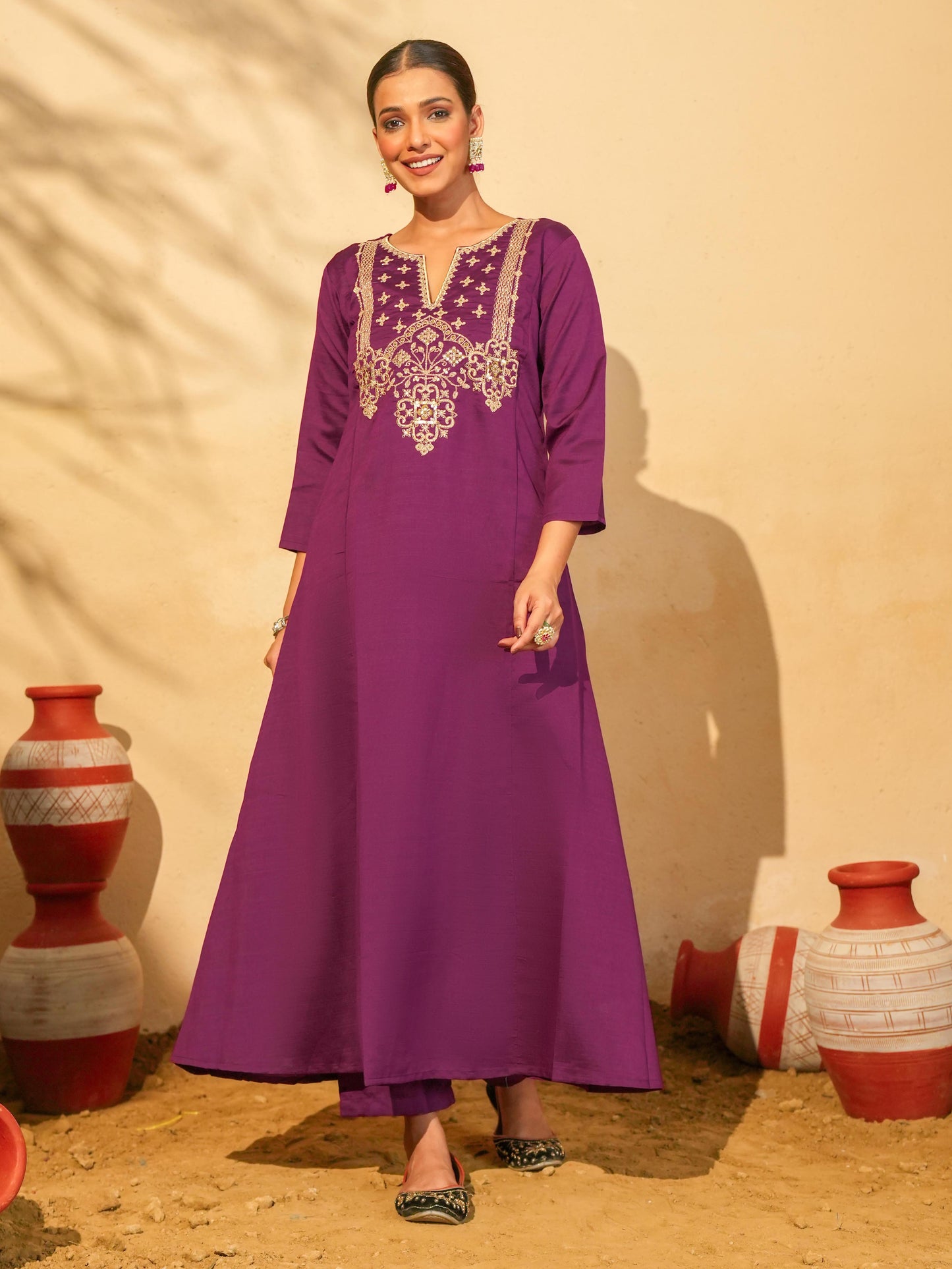 Women's Silk Slub Embroidered Kurta Set with Pant And Dupatta Sets