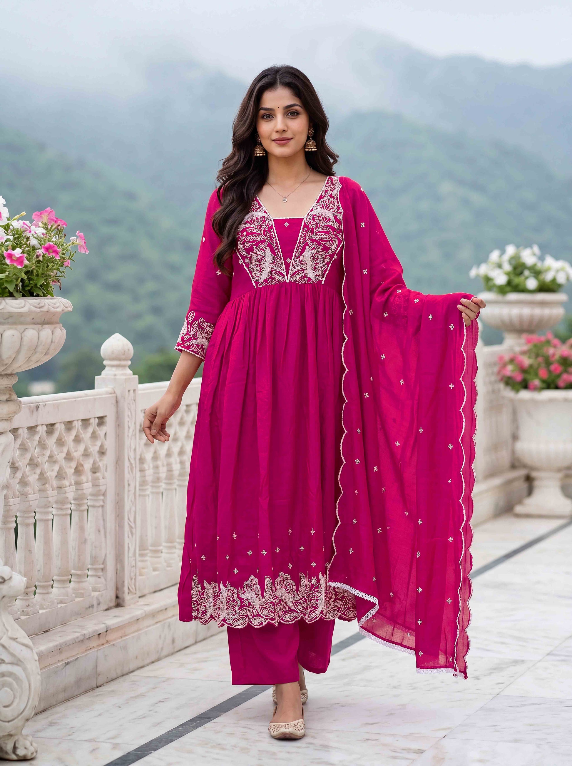 women-rani-pink-anarkali-kurta-set-back-view-scallop-dupatta-bohorang