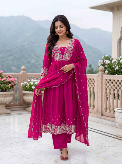 women-rani-pink-vichitra-silk-flared-kurta-set-full-length-front-view-bohorang