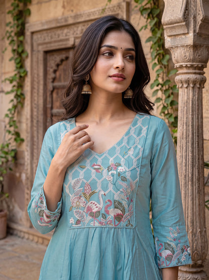 Women's Silk With Lining Embroidered Flared Kurta with Pant And Dupatta Sets