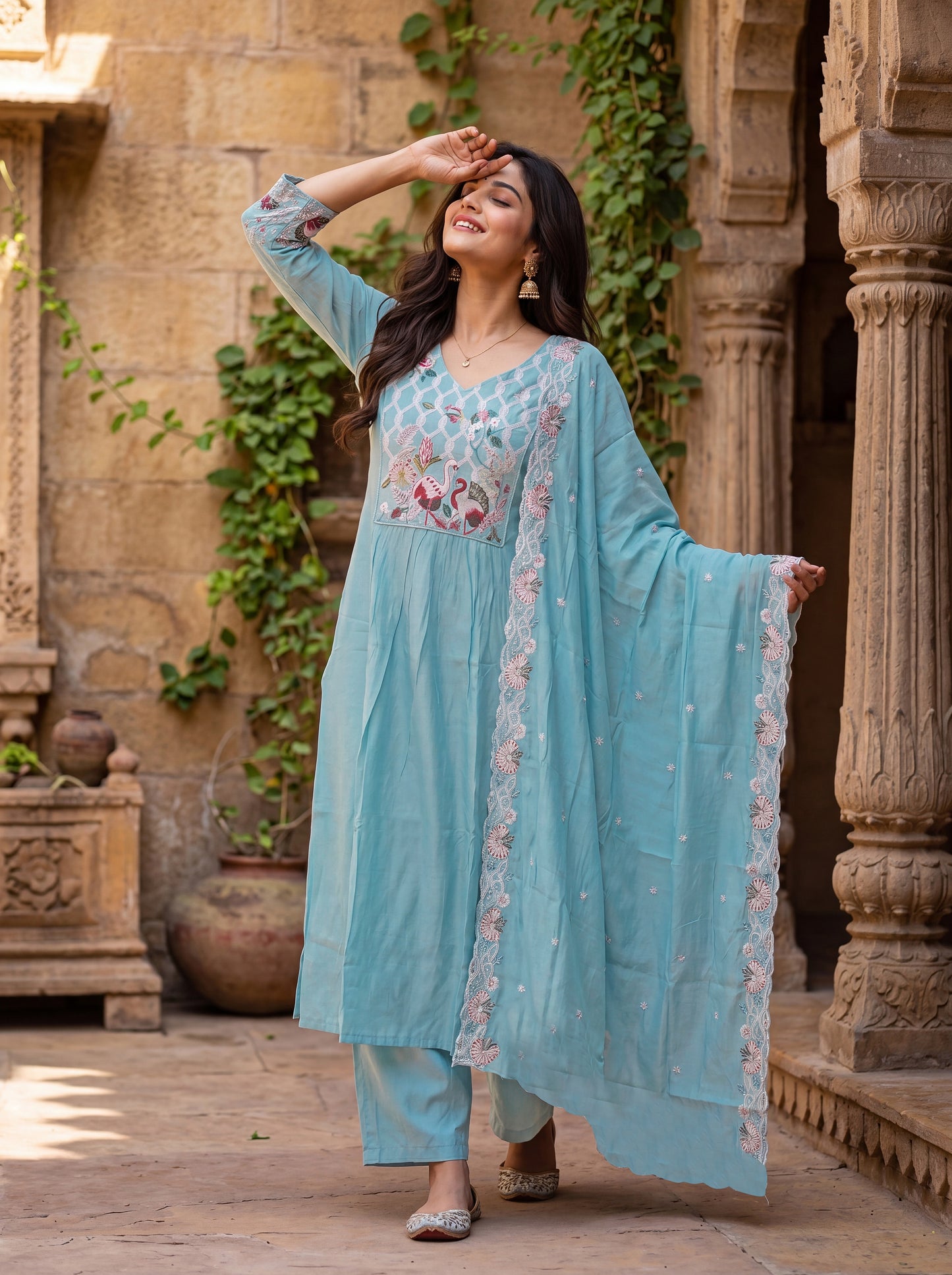 Women's Silk With Lining Embroidered Flared Kurta with Pant And Dupatta Sets