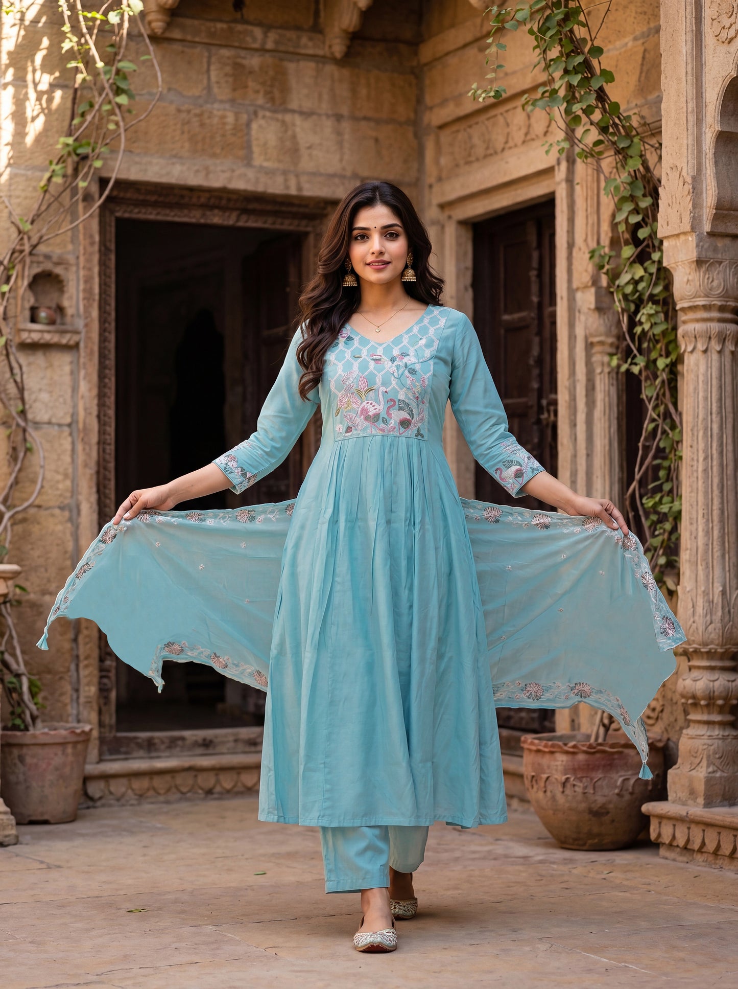 Women's Silk With Lining Embroidered Flared Kurta with Pant And Dupatta Sets