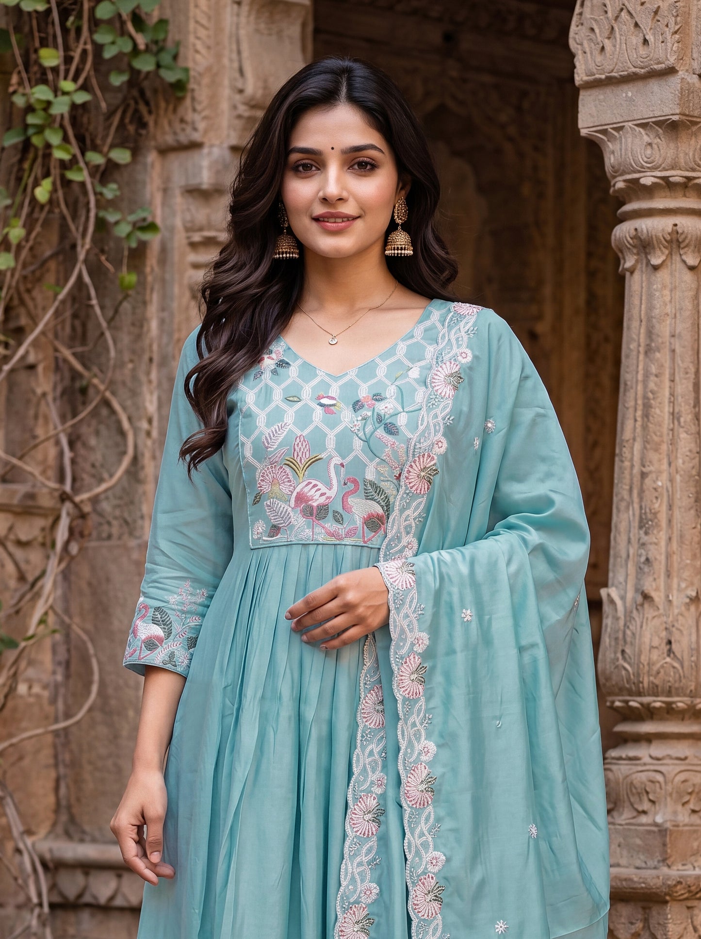 Women's Silk With Lining Embroidered Flared Kurta with Pant And Dupatta Sets