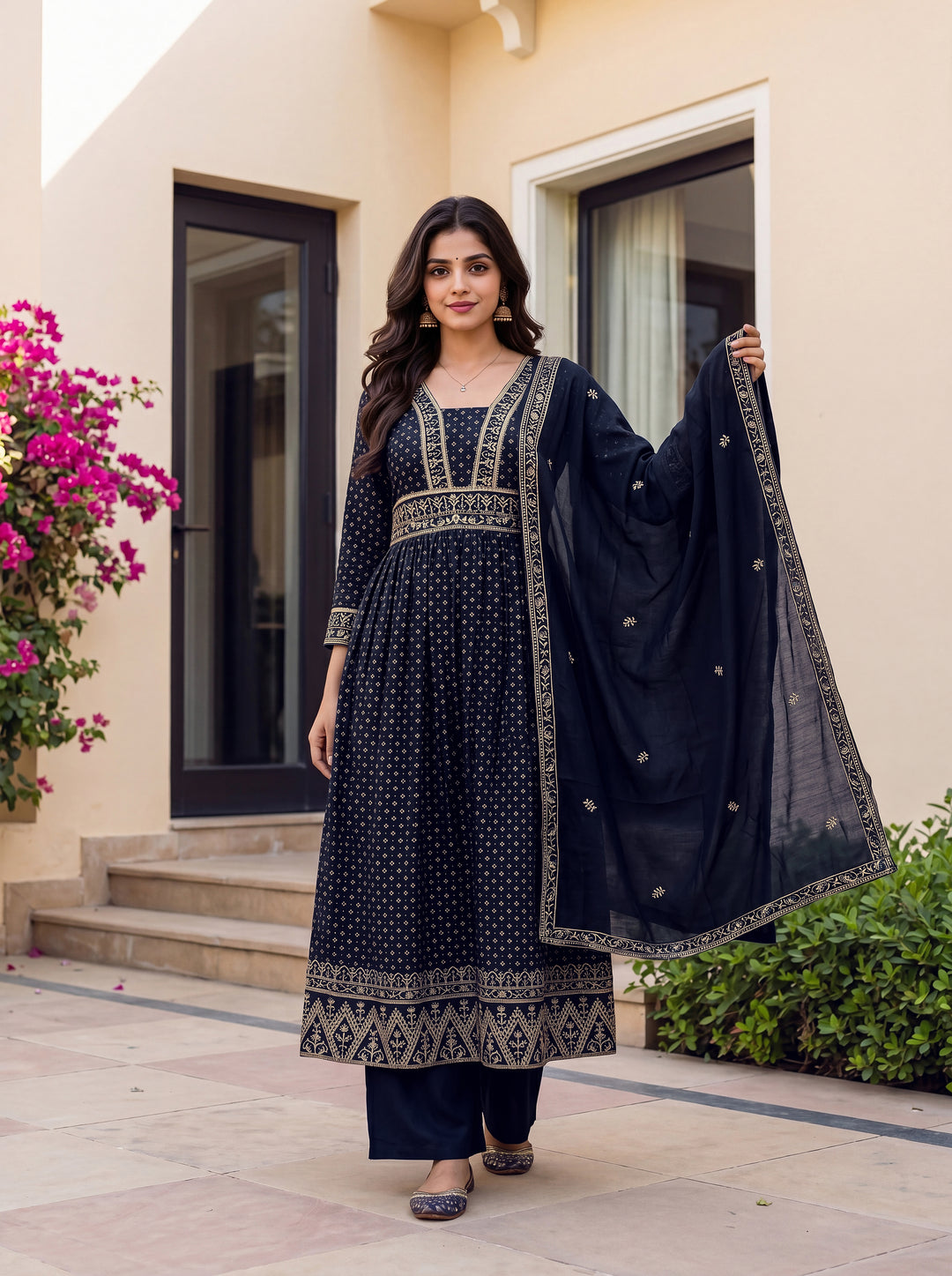 women-vichitra-silk-sequinned-embroidered-flared-kurta-set-navy-blue-front-view-bohorang