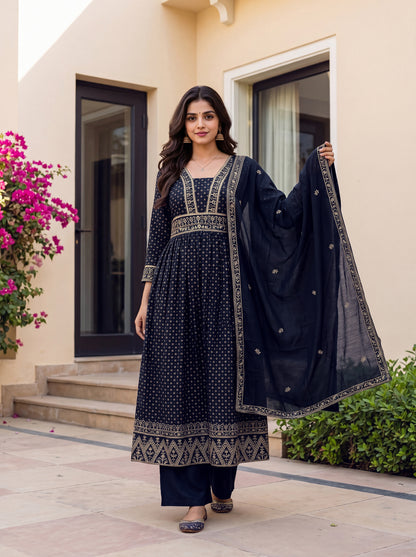 women-vichitra-silk-sequinned-embroidered-flared-kurta-set-navy-blue-front-view-bohorang