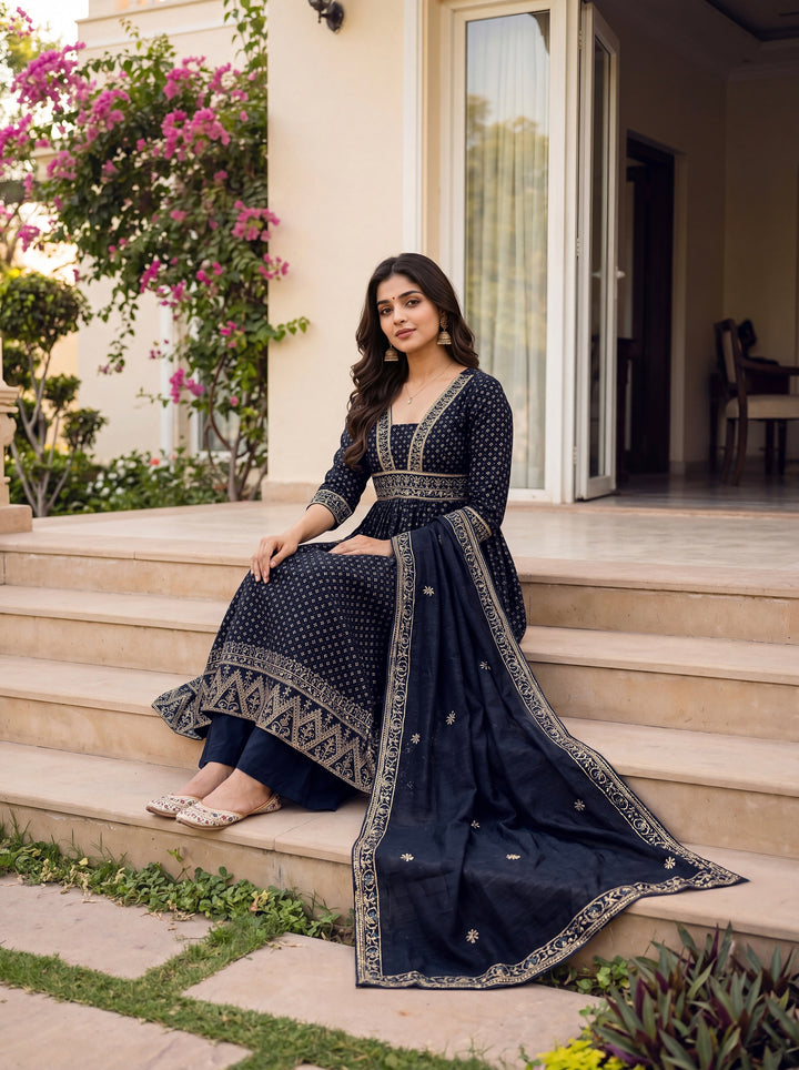 women-navy-blue-vichitra-silk-anarkali-kurta-set-seated-stairs-view-bohorang