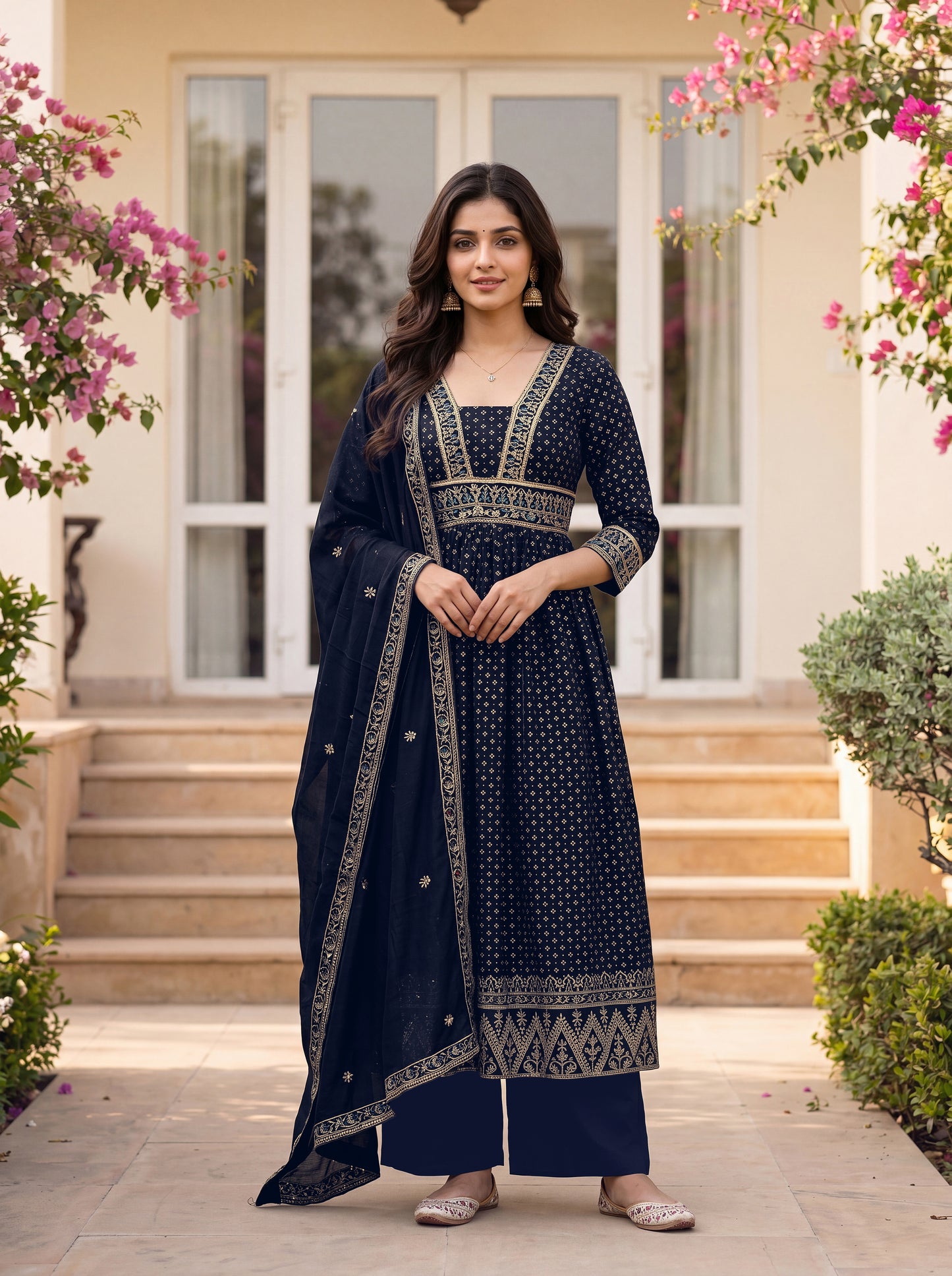women-navy-vichitra-silk-flared-kurta-gold-buti-zari-waistband-full-view-bohorang