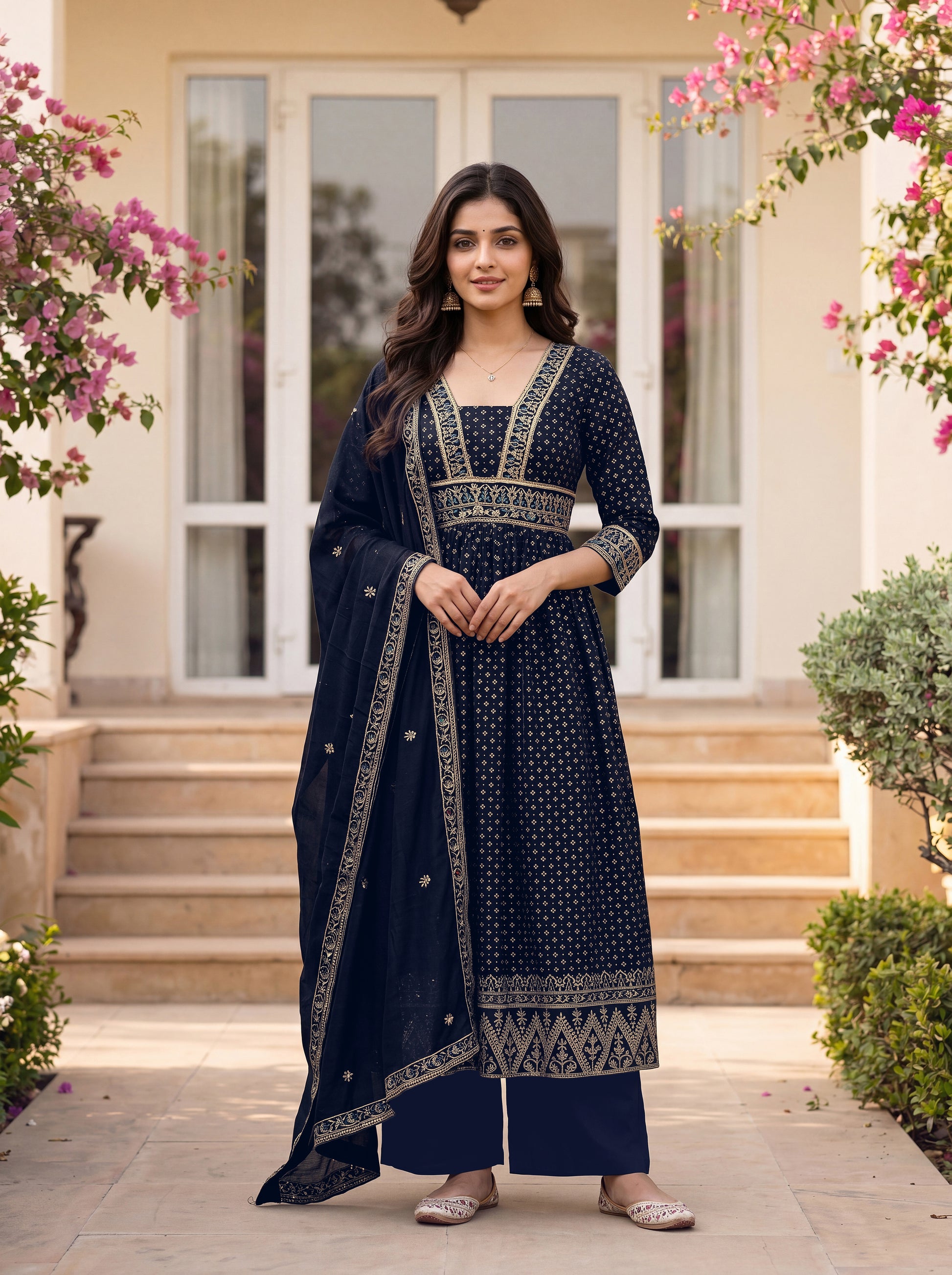 women-navy-vichitra-silk-flared-kurta-gold-buti-zari-waistband-full-view-bohorang