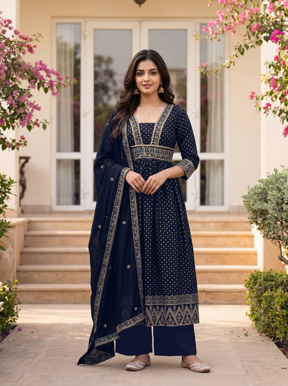 women-navy-vichitra-silk-flared-kurta-gold-buti-zari-waistband-full-view-bohorang