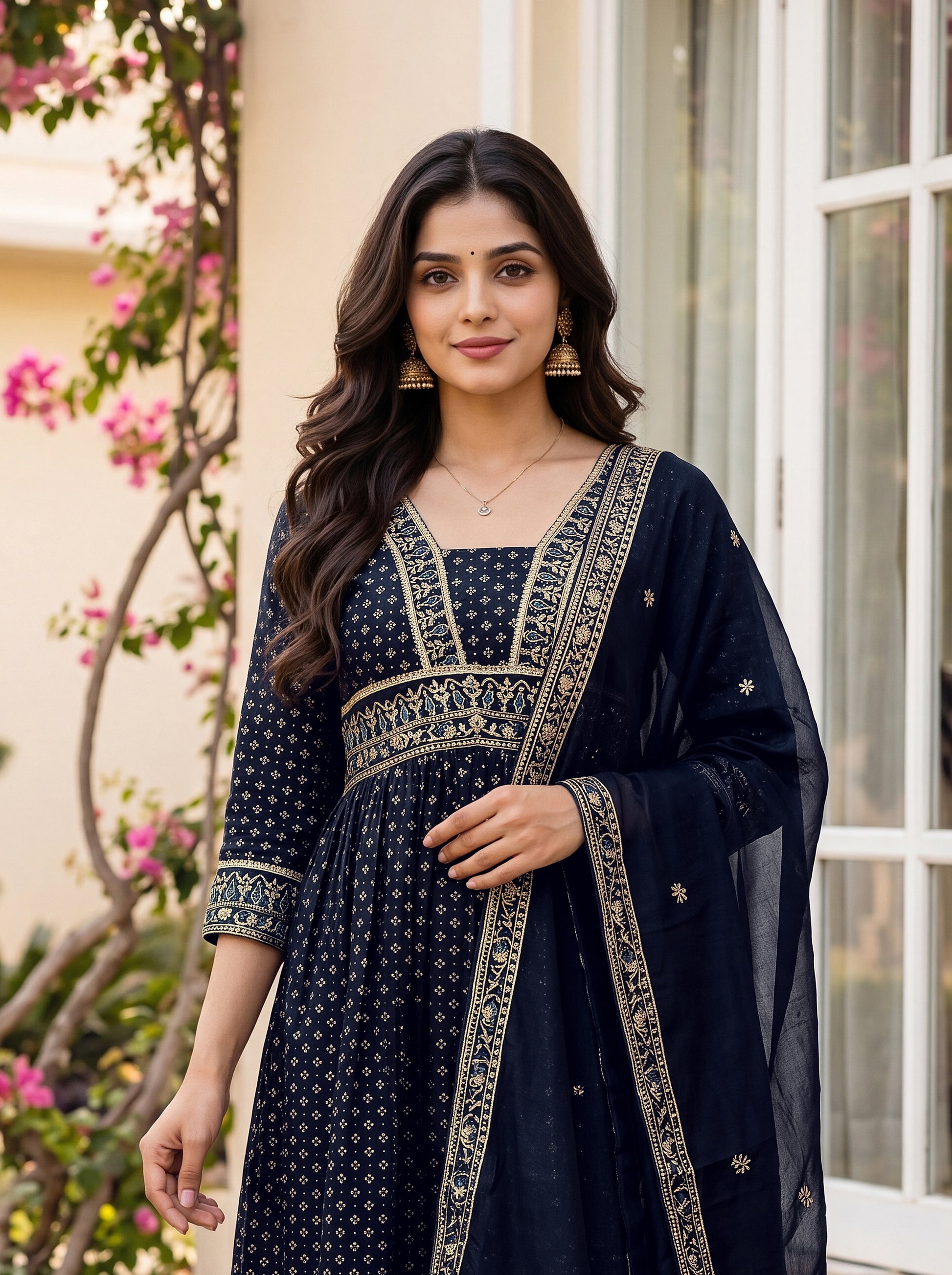 women-navy-blue-vichitra-silk-kurta-square-neck-gold-zari-closeup-bohorang