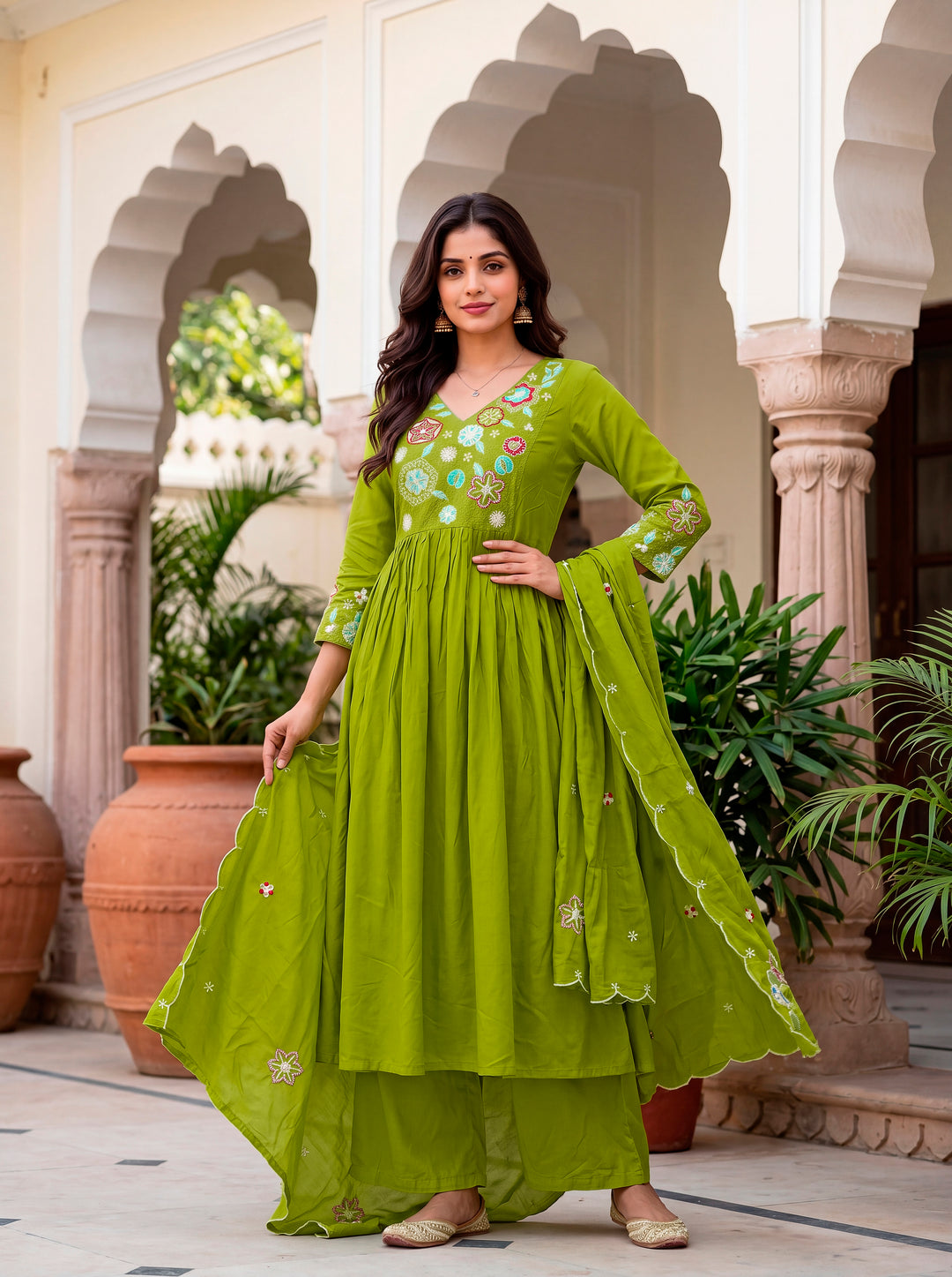 women-olive-green-viscose-silk-anarkali-kurta-back-view-embroidered-cuffs-bohorang