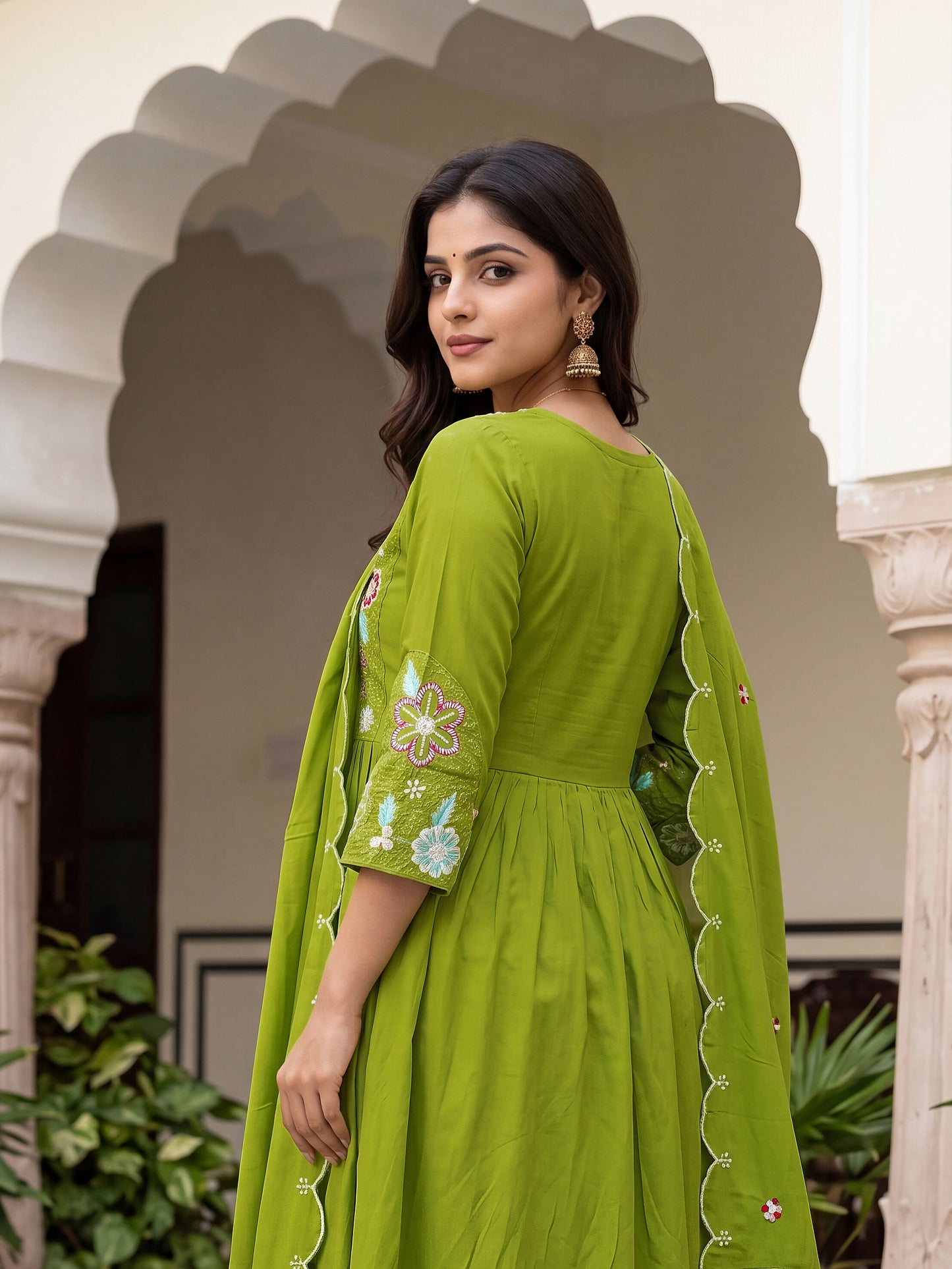 women-olive-green-viscose-silk-flared-kurta-pant-set-full-length-bohorang