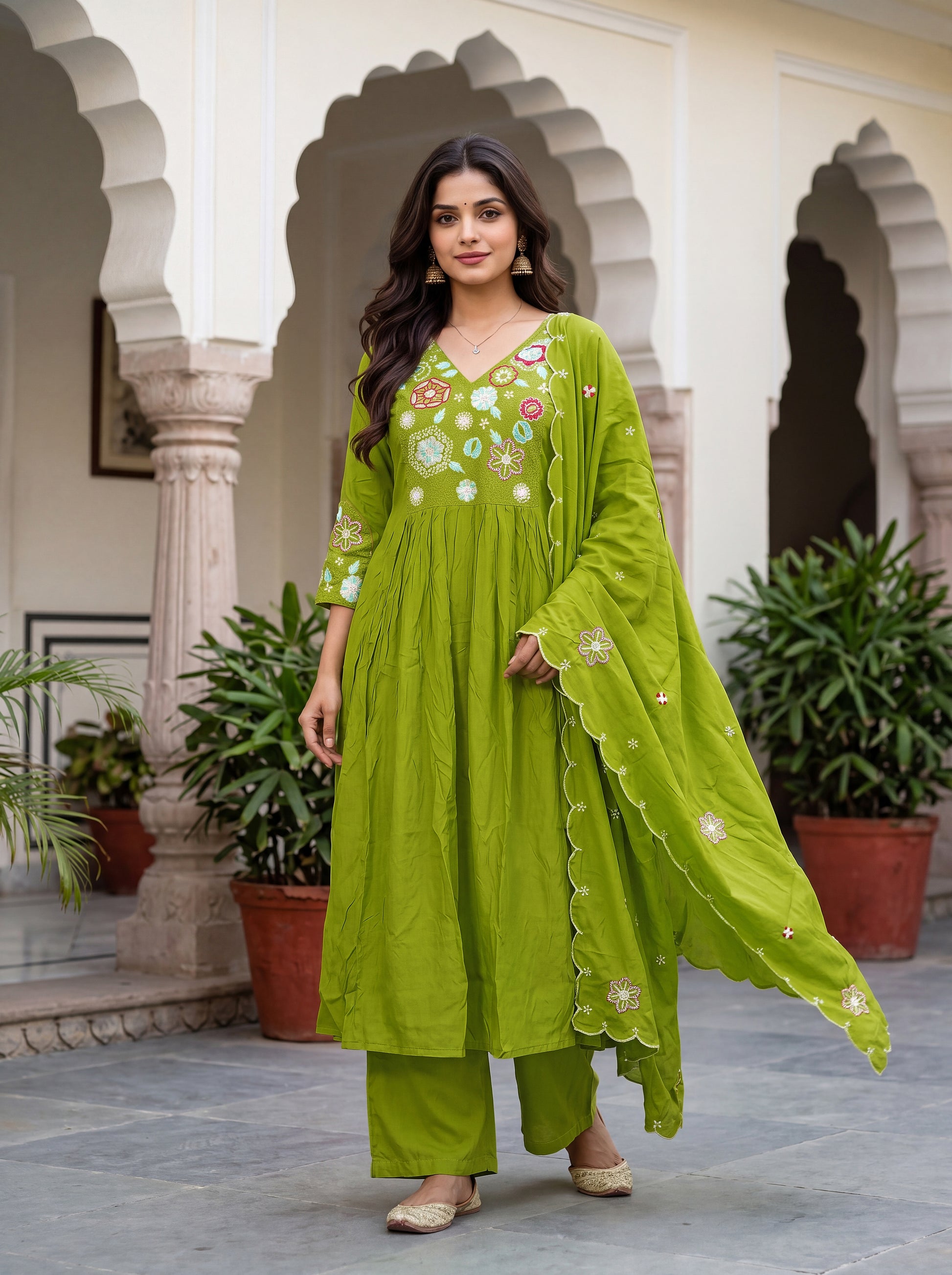 women-viscose-silk-multicolor-floral-embroidery-kurta-green-closeup-bohorang