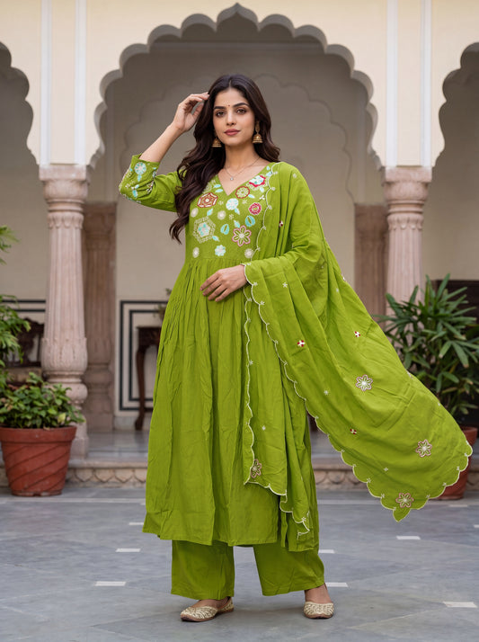 women-viscose-silk-embroidered-flared-kurta-set-olive-green-dupatta-view-bohorang