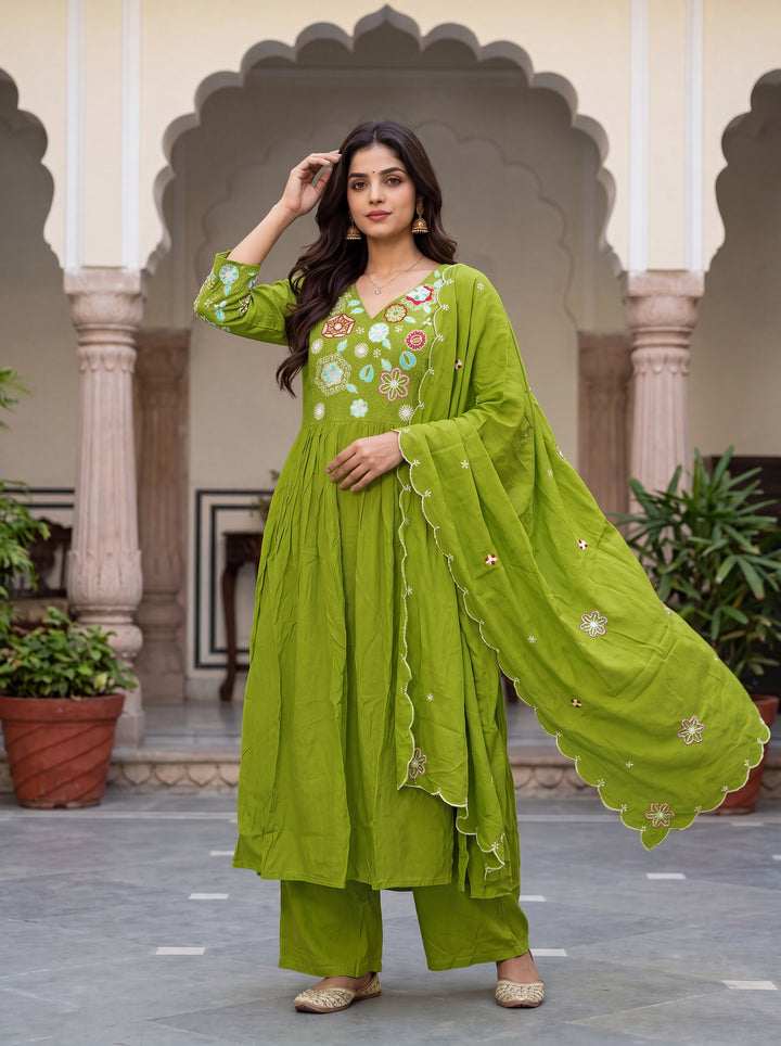 women-viscose-silk-embroidered-flared-kurta-set-olive-green-dupatta-view-bohorang
