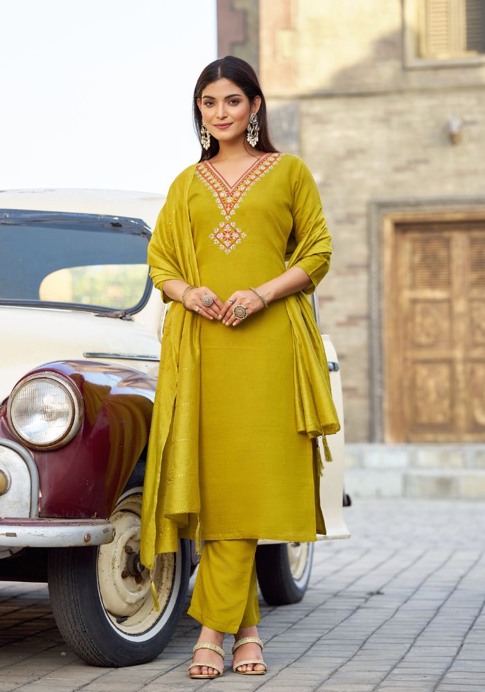 Golden Star Embroidered Kurta Set with Dupatta