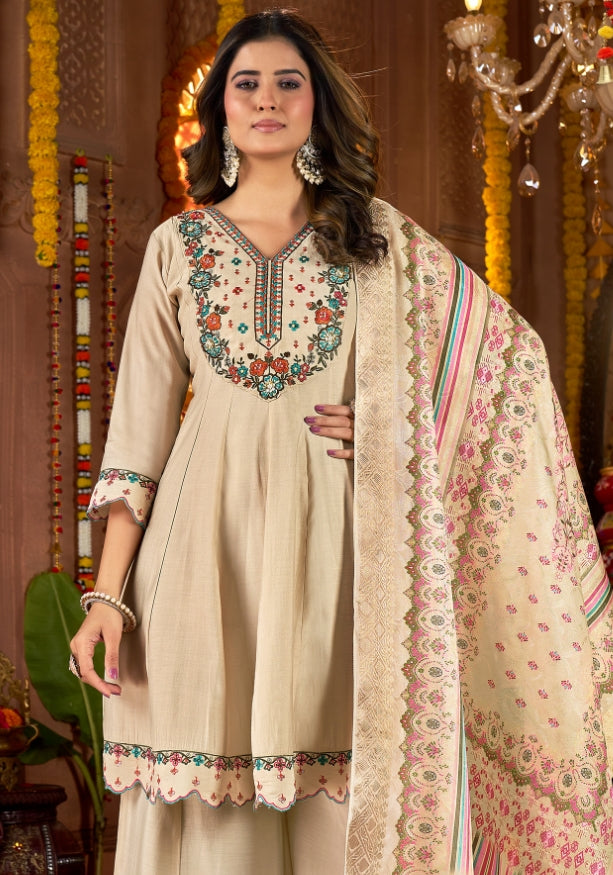 Cream Kuhu Embroidered Kurta Set with Dupatta