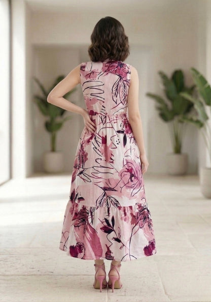 Pink Blossom Floral Printed Sleeveless Maxi Dress for Women