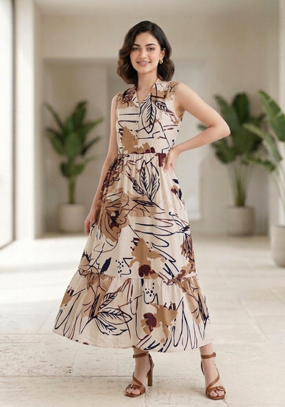 Olive Botanical Floral Printed Sleeveless Maxi Dress for Women