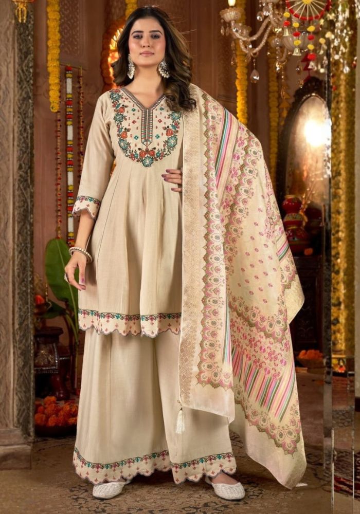 Cream Kuhu Embroidered Kurta Set with Dupatta