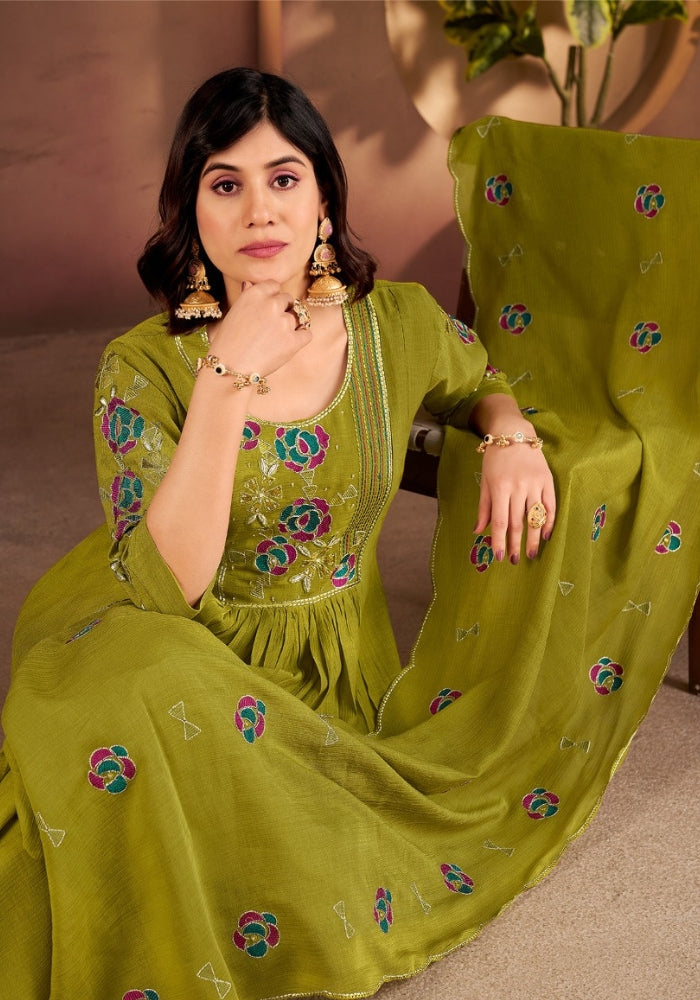 Mehndi Green Roman Silk Embroidered Kurta Set with Dupatta