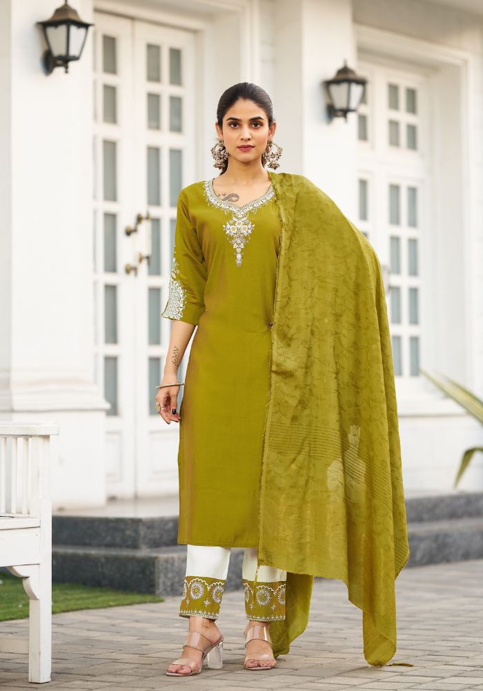 Blue Garland Embroidered Kurta Set with Dupatta