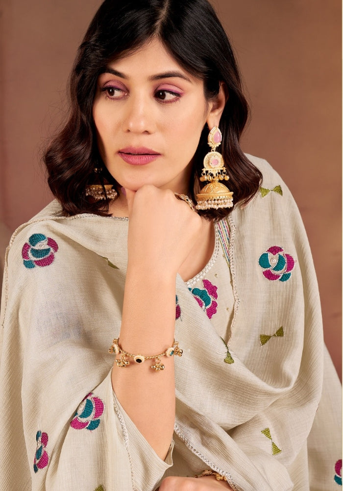 Cream Roman Silk Embroidered Kurta Set with Dupatta