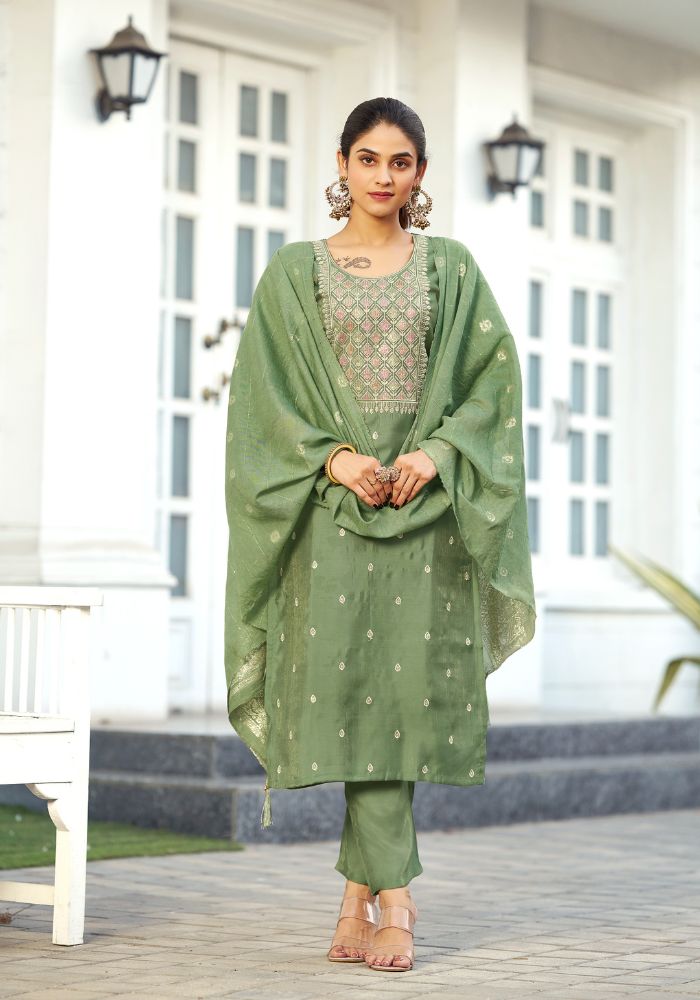 Pista Green Viscose Blend Embroidered Kurta Set with Dupatta