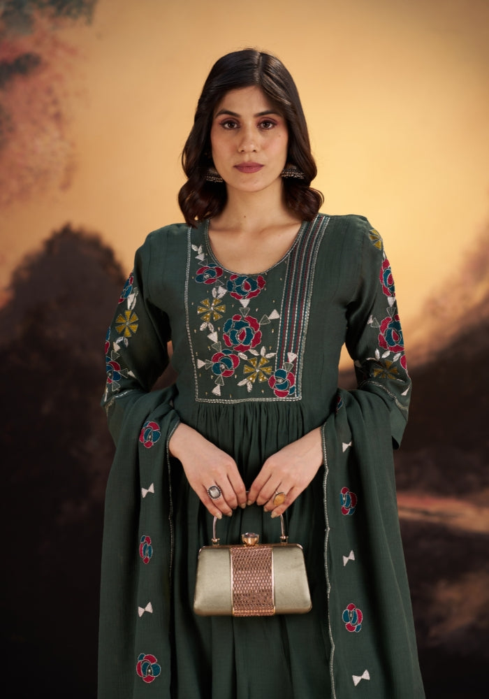 Green Roman Silk Embroidered Kurta Set with Dupatta
