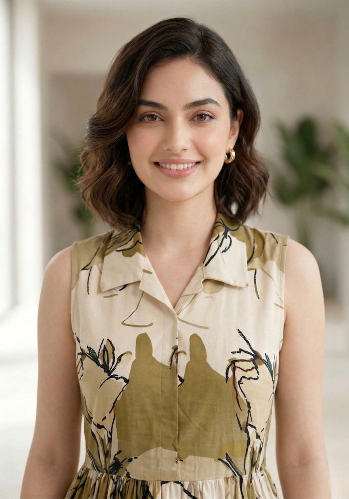 Beige Earth Floral Printed Sleeveless Maxi Dress for Women