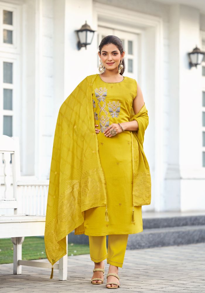 Mustard Viscose Blend Embroidered Kurta Set with Dupatta