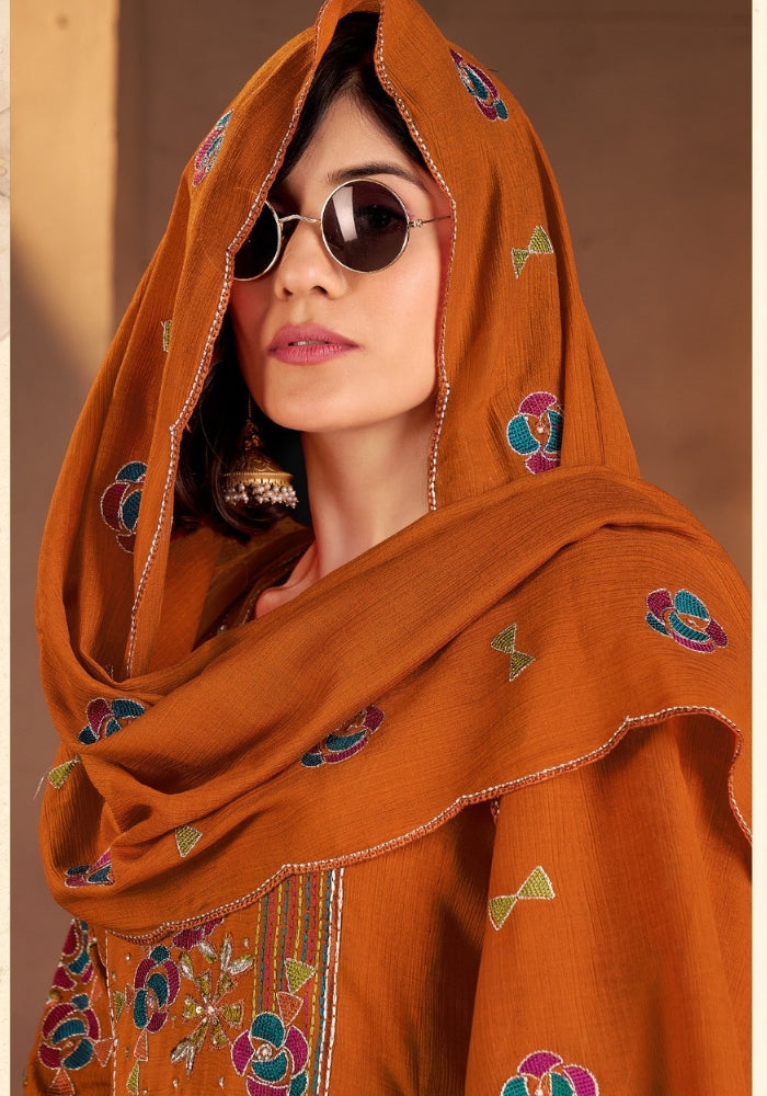 Rust Roman Silk Embroidered Kurta Set with Dupatta