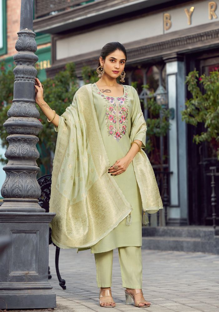Pista Green Floral Embroidered Kurta Set with Dupatta