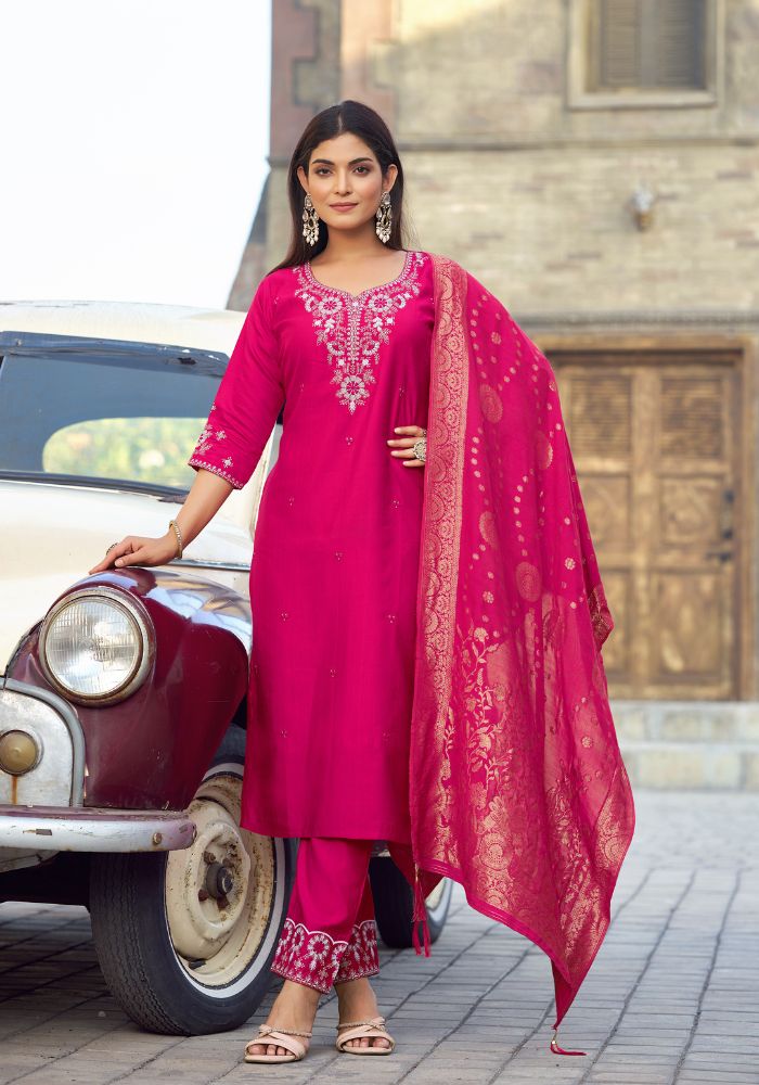 Rani Pink Classic Embroidered Kurta Set with Dupatta