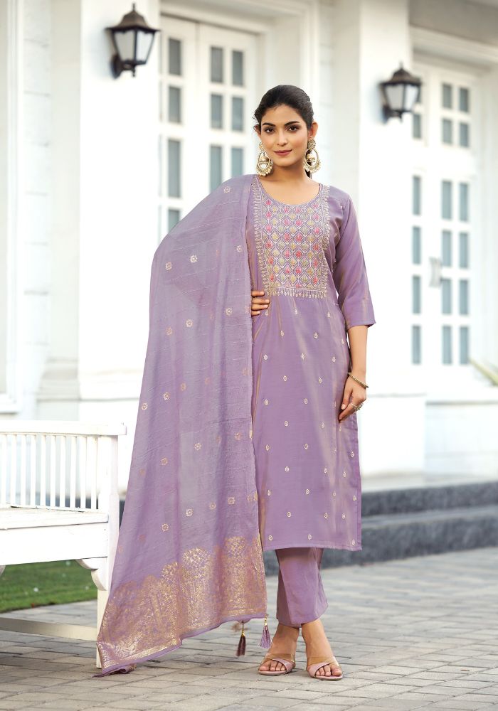 Lavender Embroidered Kurta Set with Dupatta
