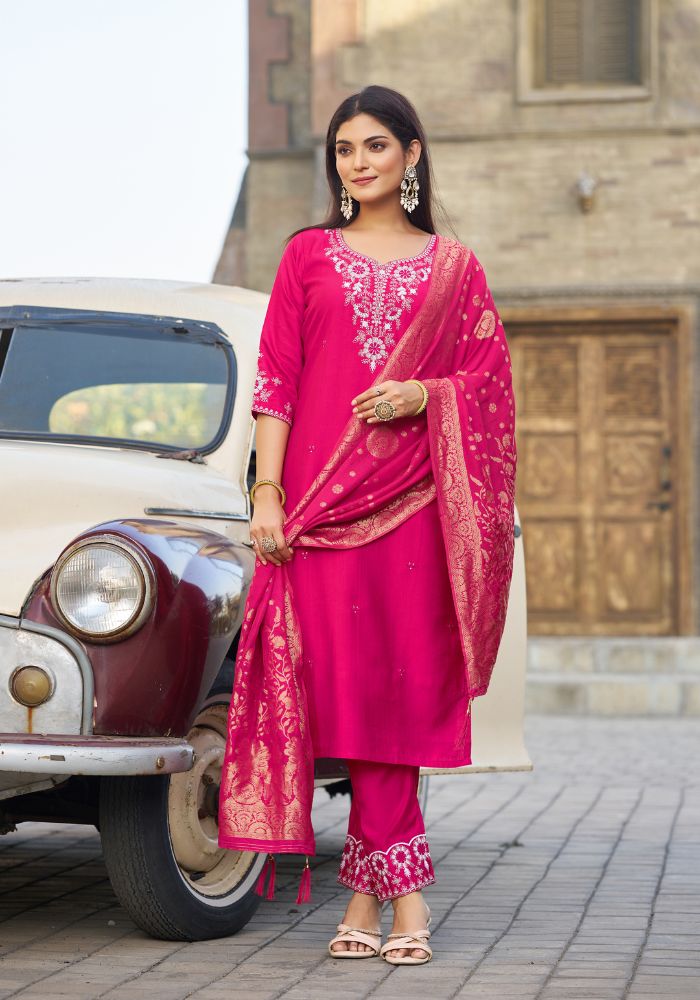 Rani Pink Classic Embroidered Kurta Set with Dupatta