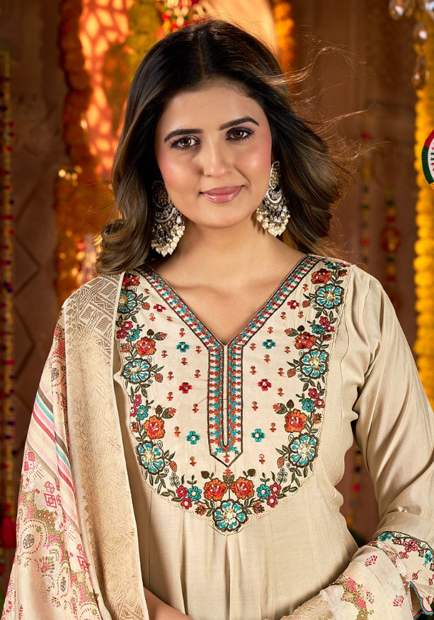 Cream Kuhu Embroidered Kurta Set with Dupatta