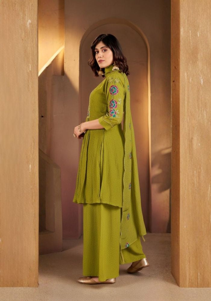 Mehndi Green Roman Silk Embroidered Kurta Set with Dupatta