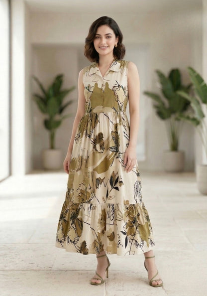 Beige Earth Floral Printed Sleeveless Maxi Dress for Women