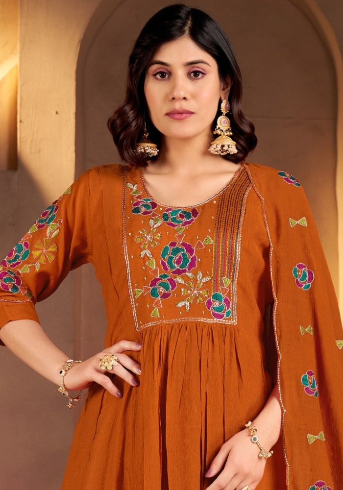 Rust Roman Silk Embroidered Kurta Set with Dupatta