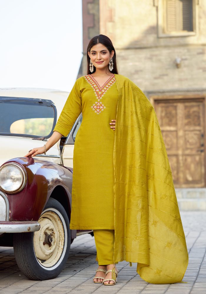Golden Star Embroidered Kurta Set with Dupatta