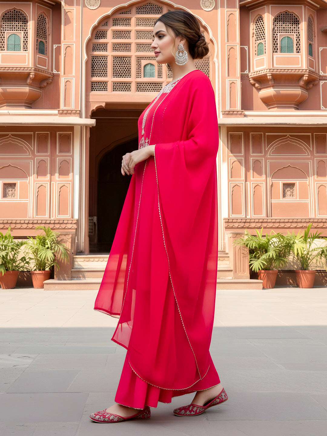 women-red-viscose-silk-embroidered-sharara-kurta-set-front-view-bohorang