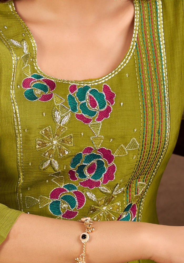 Mehndi Green Roman Silk Embroidered Kurta Set with Dupatta