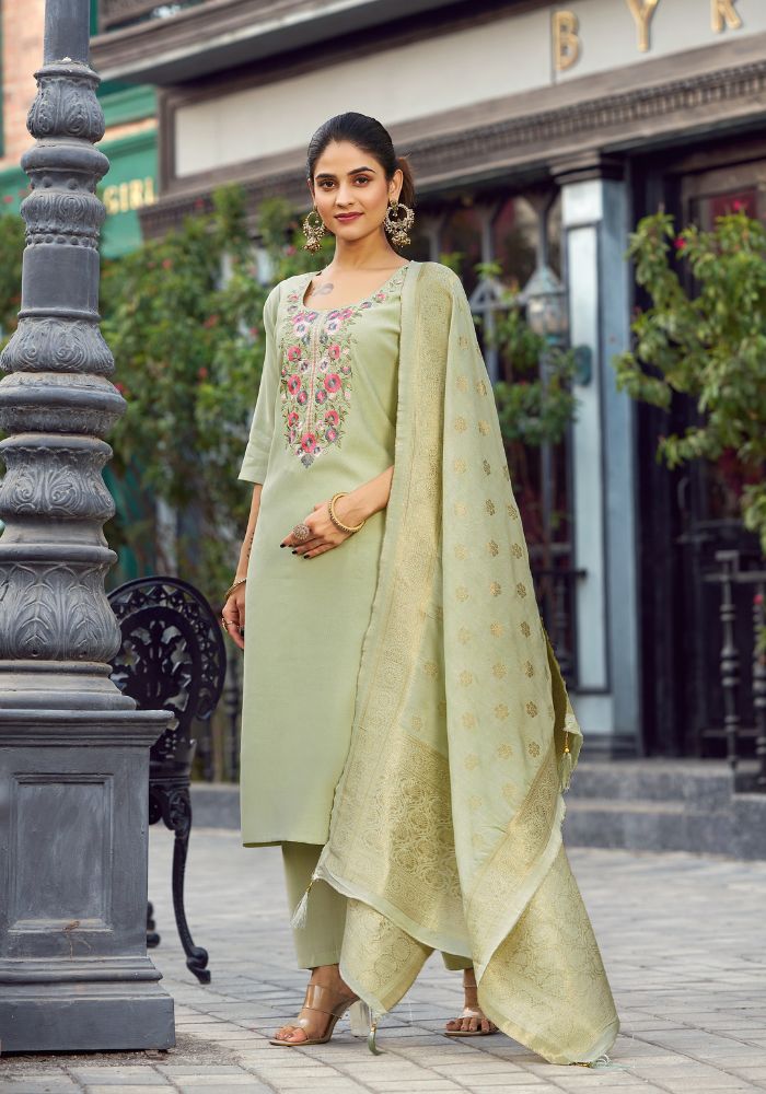 Pista Green Floral Embroidered Kurta Set with Dupatta