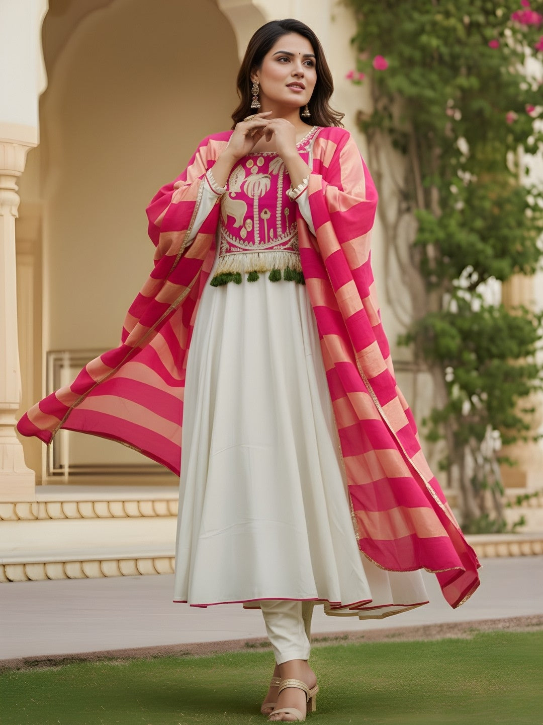 Women Silk Anarkali Kurta with Pant Dupatta Set White Pink Full View - Bohorang