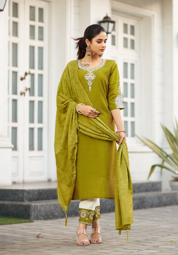 Blue Garland Embroidered Kurta Set with Dupatta