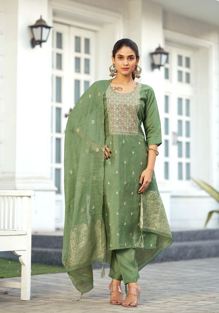 Pista Green Viscose Blend Embroidered Kurta Set with Dupatta